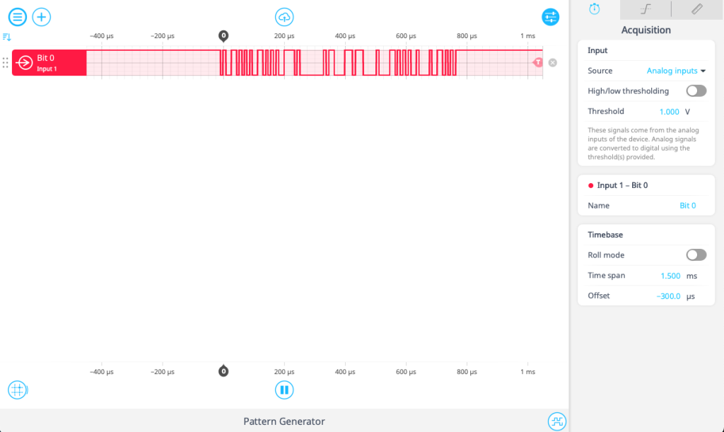 The Moku Logic Analyzer / Pattern Generator, showing a sequence of UART serial data